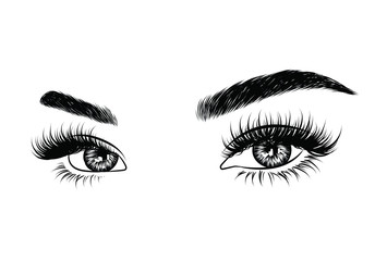 Abstract fashion illustration of the eye with creative makeup. Hand drawn vector idea for business visit cards, templates, web, salon banners,brochures. Natural eyebrows and glam eyelashes