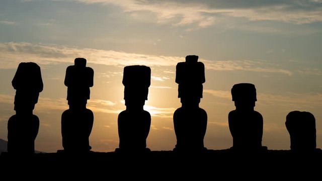 Moai: Ancient and Mysterious Sculpture in Easter Island, Time Lapse at Sunrise in Rapa Nui National Park, Polynesia, Chile