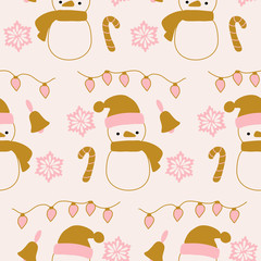 Pink and gold snowman in a seamless pattern design