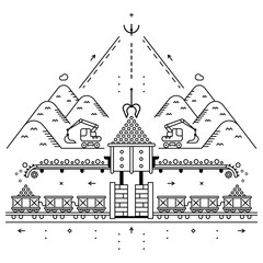Global concept of extraction minerals, soil, sand, gravel. Extraction with excavator and transportation with and freight train. Flat infographics. Linear illustration.
