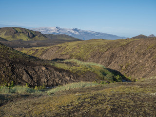 Fototapeta na wymiar Icelandic landscape with eyjafjallajokull glacier tongue, blue river stream and green hills. Fjallabak Nature Reserve, Iceland. Summer blue sky