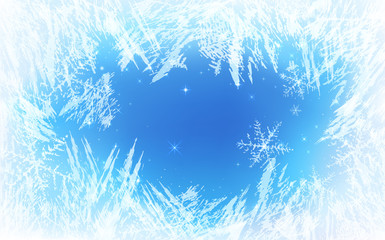 Frost pattern background. Frozen texture in winter (vector ice crystals) with snowflakes