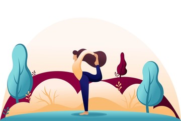 Young girl doing yoga, pose, asana, outdoors in the Park, in the woods. Flat 2D character. Concept for web design