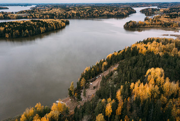 autumn landscape aerial view. Finland near Hiidenvesi lake