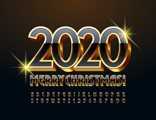 Vector chic greeting card Merry Christmas 2020 with 3D Font. Black and Gold Alphabet Letters and Numbers