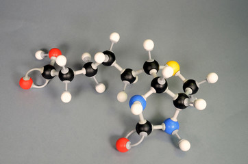 Molecule model of Vitamin B7. White is Hydrogen, black is Carbon, red is  Oxygen,  White is Hydrogen, black is Carbon, red is Oxygen, yellow is Sulphur and blue is Nitrogen.