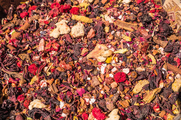 fragrant tea from dried leaves of roses, rose hips, cinnamon