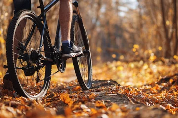 Wandcirkels aluminium Male cyclist riding a bike in the autumn forest in warm weather. Active lifestyle © pavelkant