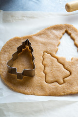 Cooking Christmas gingerbread. Raw dough and cutters for the holiday cookies. Christmas family traditions.