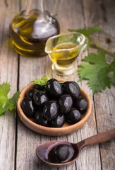 Foto op Plexiglas Black Olives and Virgin Olive Oil © Maria