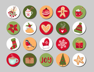 Set of Christmas stickers, posters kit, cards for winter holidays. Vector illustration EPS 10