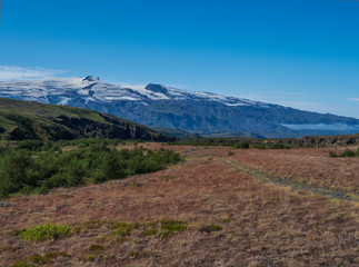 Fototapeta premium Icelandic landscape with red grass, birch bush, green hills and eyjafjallajokull volcano glacier. Laugavegur hiking trail. Fjallabak Nature Reserve, Iceland. Summer blue sky
