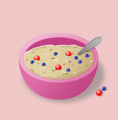 Food illustration. Bowl with porridge on a pink background