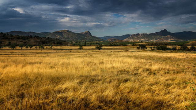 panorama of steppe landscape mountains on the horizon, Crimea