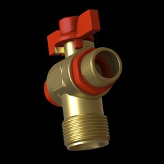 Water tap ball valve with red valve on a black background, isolate. 3D rendering of excellent quality in high resolution. It can be enlarged and used as a background or texture.