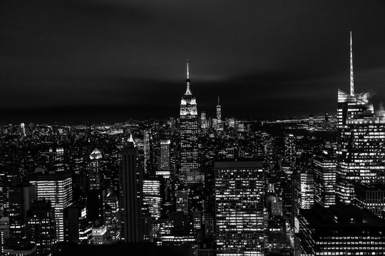 New York, New York, USA night skyline, view from the Empire State building in Manhattan, night skyline of New York black and white photography