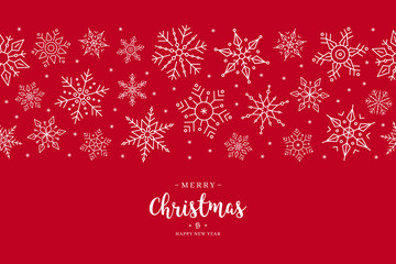 Christmas snowflake elements border card with greeting text seamless pattern red background.