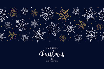 Christmas snowflake elements border card with greeting text seamless pattern blue background.