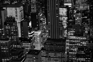 New York, New York, USA night skyline, view from the Empire State building in Manhattan, night skyline of New York black and white photography