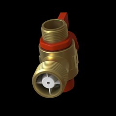 Water tap ball valve with red valve on a black background, isolate. 3D rendering of excellent quality in high resolution. It can be enlarged and used as a background or texture.