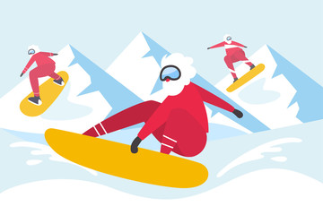 Snowboarding Santa. Winter sport activities. Flat design illustration with Santa Claus. - Vector