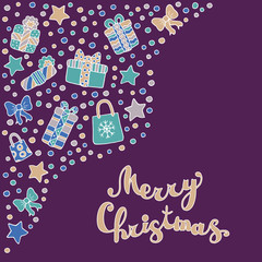 Set with Christmas trees and gifts on purple background