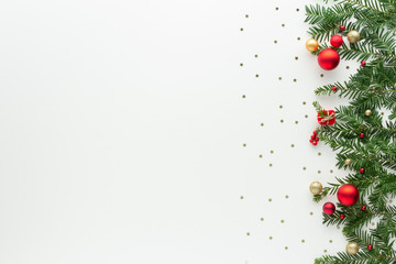 Christmas composition. Bell star bauble top view background with copy space for your text. Flat lay.