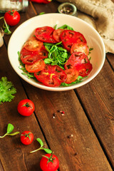 healthy salad tomatoes (vegetables, onions, greens, lettuce, sunflowers, microgreens and more) menu concept. food background. copy space. Top view