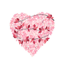 Vector illustration of leaf with heart on white background. Postcard. Wedding floral decoration