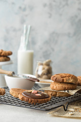 Traditional american baking, homemade Peanut Butter Cookies with peanuts and peanut butter on concrete stone 