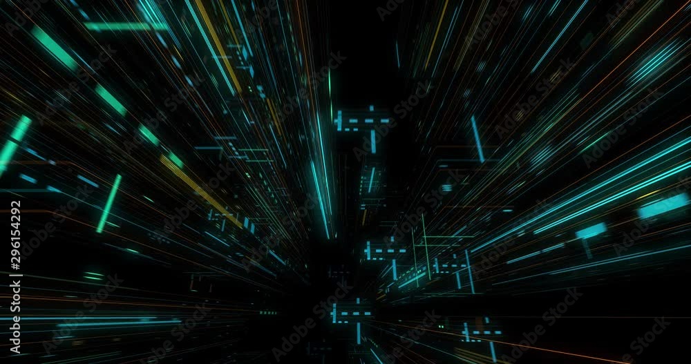 Poster seamless fly through of abstract circuitry with digital grid background, data deep learning computer