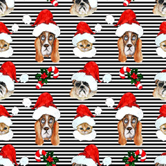 Watercolor hand drawn artistic colorful Christmas traditional vintage seamless pattern with pets in Santa hats