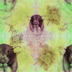 The rat is a symbol of the coming year, graphite drawing. Portrait of a mammal. Seamless pattern. Use printed materials, patterns on fabrics, posters, postcards, packaging.