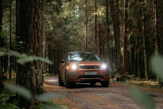 Land Rover Discovery Sport on country road n autumn forest landscape, Belarus