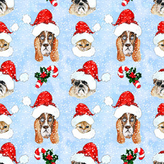 Watercolor hand drawn artistic colorful Christmas traditional vintage seamless pattern with pets in Santa hats