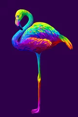 Foto op Plexiglas Flamingo. Abstract, artistic, multi-colored image of a flamingo on a dark purple background in pop art style. © AnastasiaOsipova