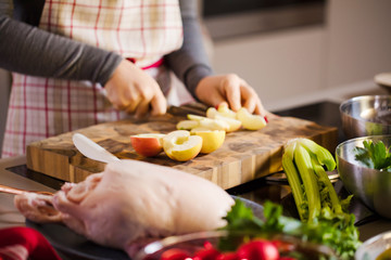 Young Woman Cooking in the kitchen. Healthy Food for Christmas (stuffed duck or Goose)
