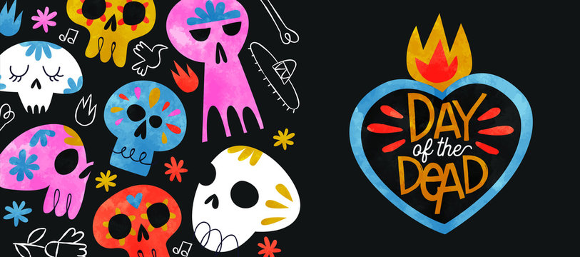 Day of the dead banner colorful watercolor skull