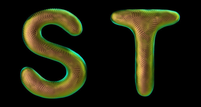 Letter set S, T made of realistic 3d render natural gold snake skin texture.