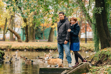 Naklejka na ściany i meble Happy couple playing with Corgi dog in sunny autumn park.