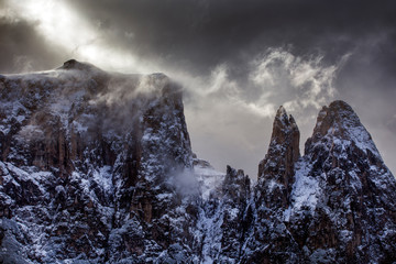 Beautiful Winter at Alpe di Siusi, Seiser Alm - Italy - Holiday background for Christmas.