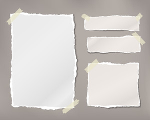 Torn white note, notebook paper pieces stuck with sticky tape on brown background. Vector illustration