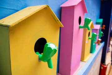 Colorful small house with water tap, Save water concept, Environment saving  concept