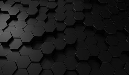  Hexagon dark background. Black honeycomb abstract metal grid pattern technology wallpaper.3d Rendering. - obrazy, fototapety, plakaty