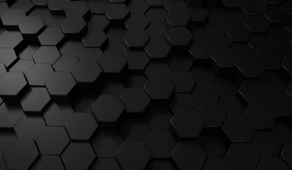 Foto op Aluminium  Hexagon dark background. Black honeycomb abstract metal grid pattern technology wallpaper.3d Rendering. © FREEDOM-ELEMENT