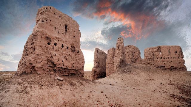 Ruins of ancient Ayaz-Kala Fortress in the Kyzylkum desert, Karakalpakstan, Uzbekistan, Central Asia