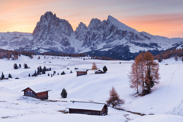 Beautiful Winter at Alpe di Siusi, Seiser Alm - Italy - Holiday background for Christmas.
