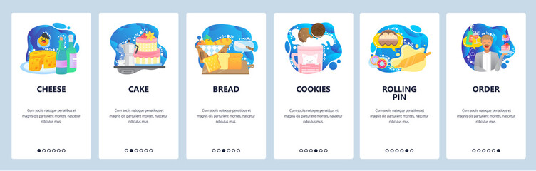 Mobile app onboarding screens. Restaurant food, desert, waiter. Cafe menu. Vector banner template for website and mobile development. Web site design flat illustration