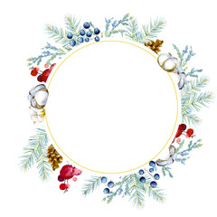 Round frame made up of fir and juniper branches, cones, red and blue berries, cotton bolls. Beautiful background for cards and invitations or other design.