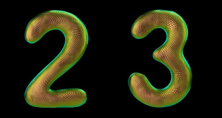 Number set 2, 3 made of realistic 3d render gold color. Collection of natural snake skin texture style symbol